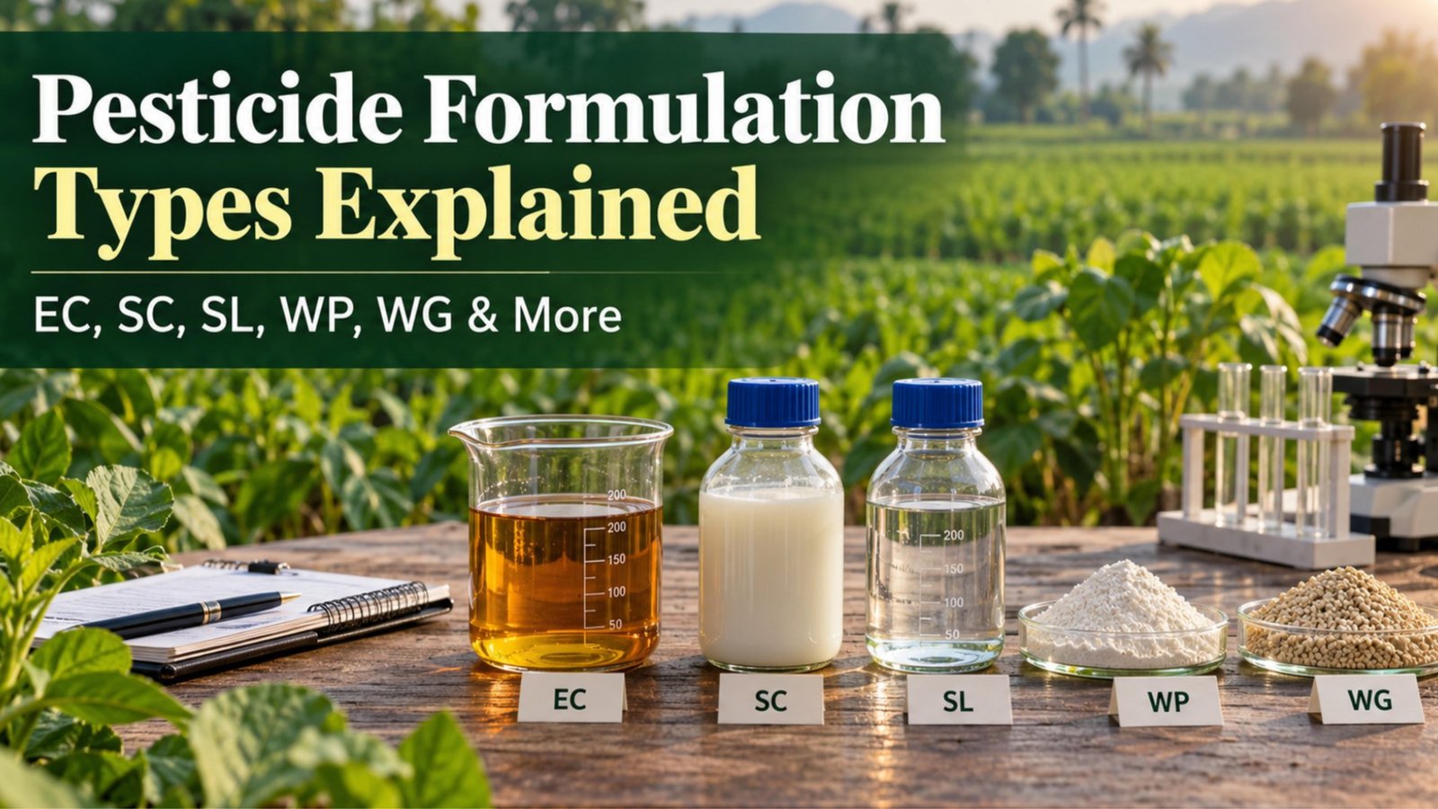 Pesticide formulation types illustrated: liquid concentrates, milky emulsion, clear solution, water dispersible granules and wettable powder